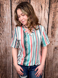 Dalia - Mint - Coral - Serape Print - Short Sleeve - V Neck Top - L&B - Bronco Western Supply Co.