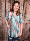 Dalia - Mint - Coral - Serape Print - Short Sleeve - V Neck Top - L&B - Bronco Western Supply Co.