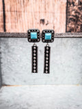 Western drop earrings with turquoise studs and silver bar dangles.