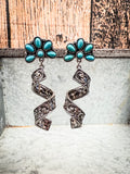 Spiral silver filigree earrings with aqua floral studs.
