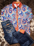 Cowgirl Tuff Twilight Tessa Pullover Button Up Paisley With Rust Foil Metallic Accents