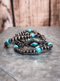 Layered Navajo pearl and turquoise beaded bracelet with diamond concho centerpiece