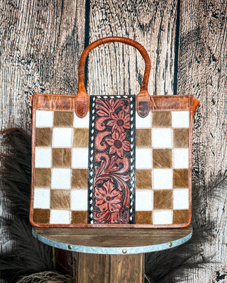 Virginia Checkered Leather and Hide Tote Bag by Countryside Co.