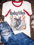 Western bull riding graphic tee styled with denim jeans – Rodeo Vibes ringer shirt