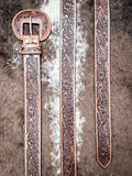 Set of brown leather belts with intricate floral tooling and western buckles.