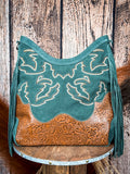 Green western suede purse with floral tooled leather bottom and detailed stitching