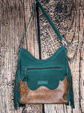 Western-style green suede handbag with floral tooled leather and back zip pocket