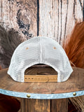 Back view of snapback trucker hat with mesh panels and adjustable closure