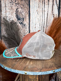 Myra trucker hat side view with tan mesh, brown crown, and turquoise brim