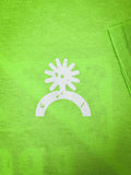 Close-up front logo print on neon green Havasu tee by Bronco Western Supply Co.