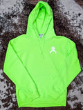 Full front view of neon green Bronco hoodie with white chest logo and drawstring hood