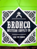 Close-up of Bronco Western Supply Co. black-on-white logo print on neon green hoodie back