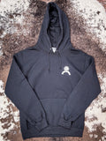 Full front view of black Havasu hoodie with chest print.