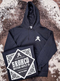 Black hoodie with front logo and large graphic displayed on folded back.