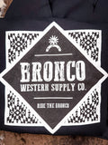 Large Bronco Western Supply Co. back graphic on black hoodie.