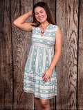 Front view of Desert Skies Sleeveless Aztec Dress by Lucky & Blessed, styled with  western jewelry.