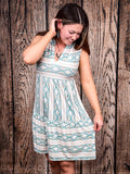 Close-up of front and side of Desert Skies Sleeveless Dress by Lucky & Blessed.