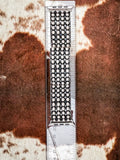 Wide silver Apple Watch band with bubble stud pattern measured on clear ruler