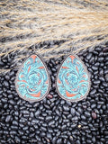 Pair of western-style teardrop earrings with turquoise and rust leather floral tooling 