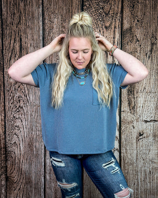 Oakley Short Sleeved Ribbed Top in Dusty Blue