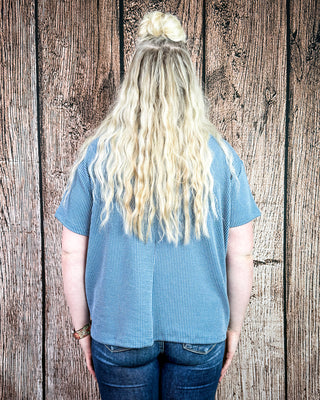 Oakley Short Sleeved Ribbed Top in Dusty Blue