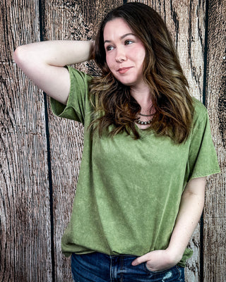 Frisco Acid Wash V-Neck Tee in Light Olive