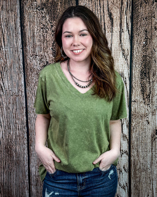 Frisco Acid Wash V-Neck Tee in Light Olive