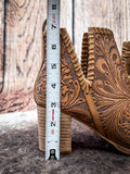 Myra Bag - Persimmonee Heels In Brown - Tooled Leather Peep-Toe Booties