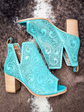 Myra Bag - Persimmonee Heels in Turquoise – Tooled Leather Peep-Toe Booties