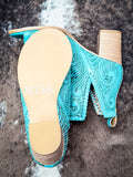Myra Bag - Persimmonee Heels in Turquoise – Tooled Leather Peep-Toe Booties