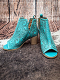 Myra Bag - Persimmonee Heels in Turquoise – Tooled Leather Peep-Toe Booties