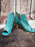 Myra Bag - Persimmonee Heels in Turquoise – Tooled Leather Peep-Toe Booties