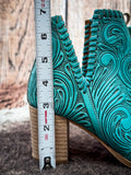 Myra Bag - Persimmonee Heels in Turquoise – Tooled Leather Peep-Toe Booties