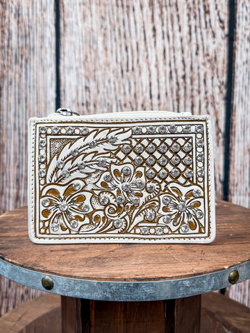 Front of card holder displayed with wood background