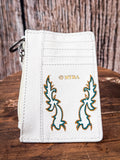Close up view of boot stitch detailing on the back of the card holder