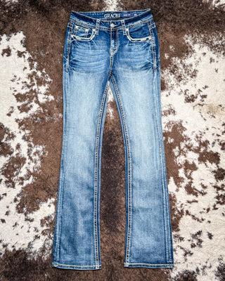 Arielle Aztec Easy Bootcut Jeans in Medium Wash by Grace in LA