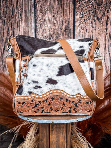 Myra Bag - Genetic Hand Tooled Hair on Hide Bag