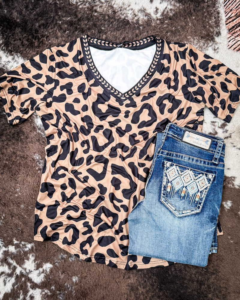 Buckstitch Leopard V Neck Top by Sterling Kreek