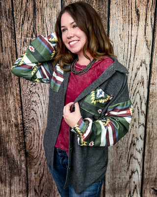 Bristol Aztec Sleeve Button Down Shacket in Charcoal