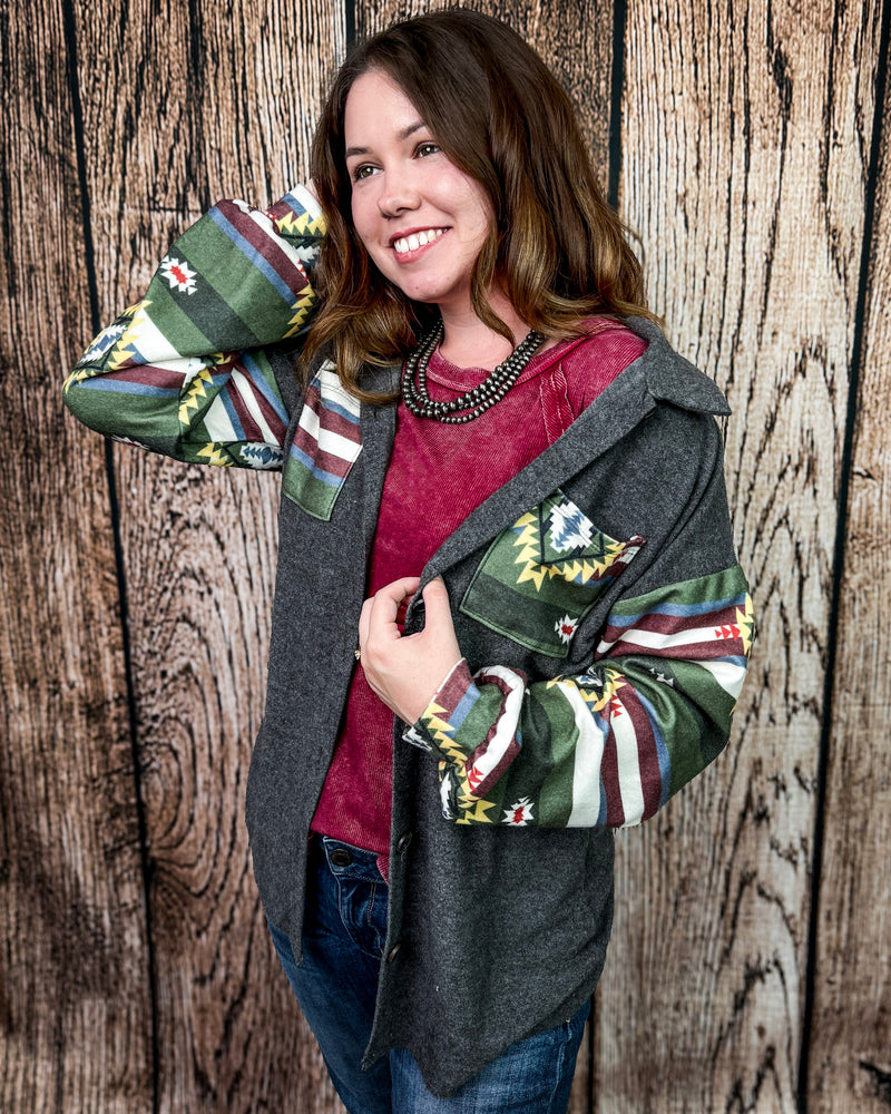 Bristol Aztec Sleeve Button Down Shacket in Charcoal