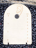 stud earring on small ruler, beans, and wheat