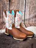 boots on cowhide, wood backdrop