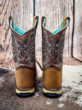 back of boots on cowhide, woodbackdrop
