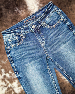 Desert Scroll Easy Flare Jeans in Dark Wash by Grace in LA