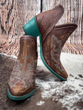 boots on cowhide, wood backdrop
