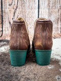 back of boots on cowhide, wood backdrop