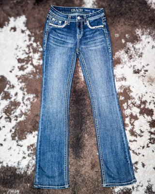 Adobe Arrow Bootcut Jeans in Medium Wash by Grace in LA