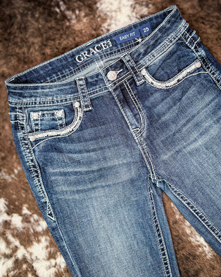 Adobe Arrow Bootcut Jeans in Medium Wash by Grace in LA