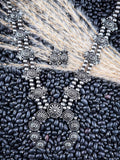 Necklace and earrings displayed on wheat and beans.