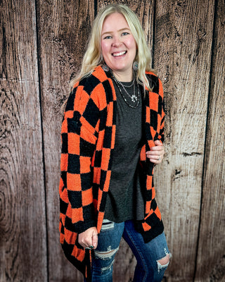 Boo Crew Reversible Cloud Cardigan in Orange and Black Checker by Blakeley